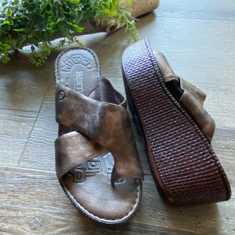 Born Bronze-Brown Leather Crisscross Wedge Sandals